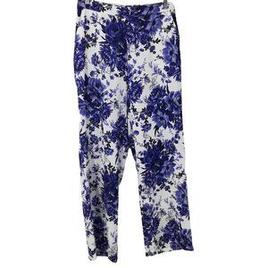 Per Una Floral Wide Leg Trousers Size UK 12 Long US 8 Blue Flat Front Summer
